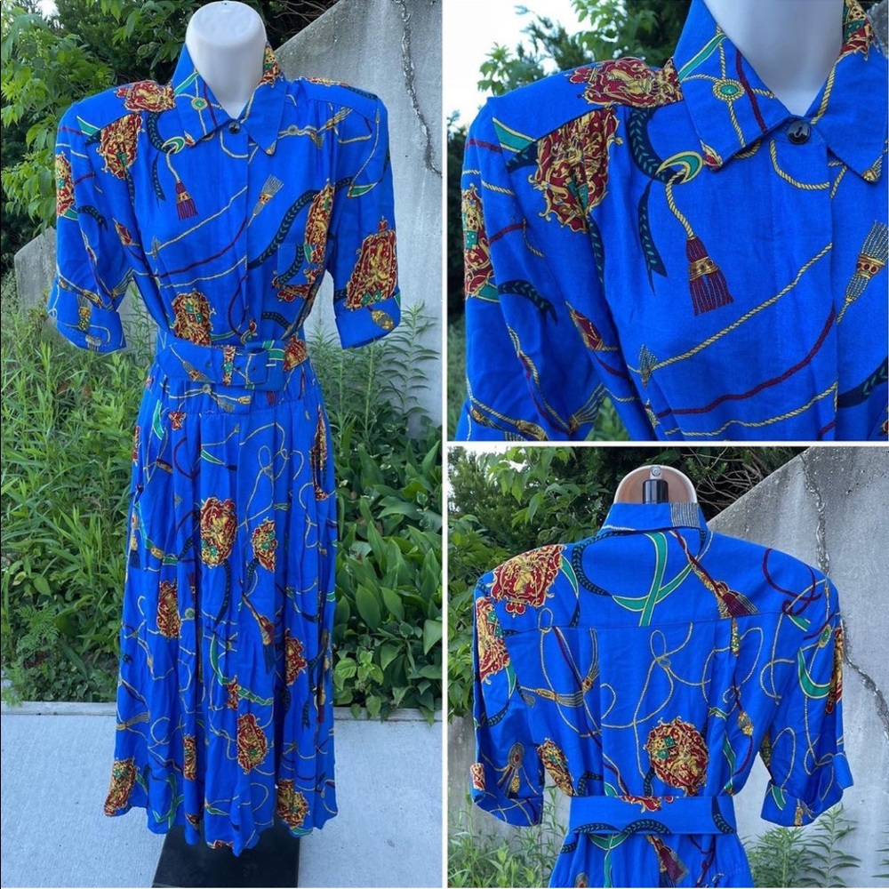1980s Vintage Royal Blue Unique Print Shirt Dress